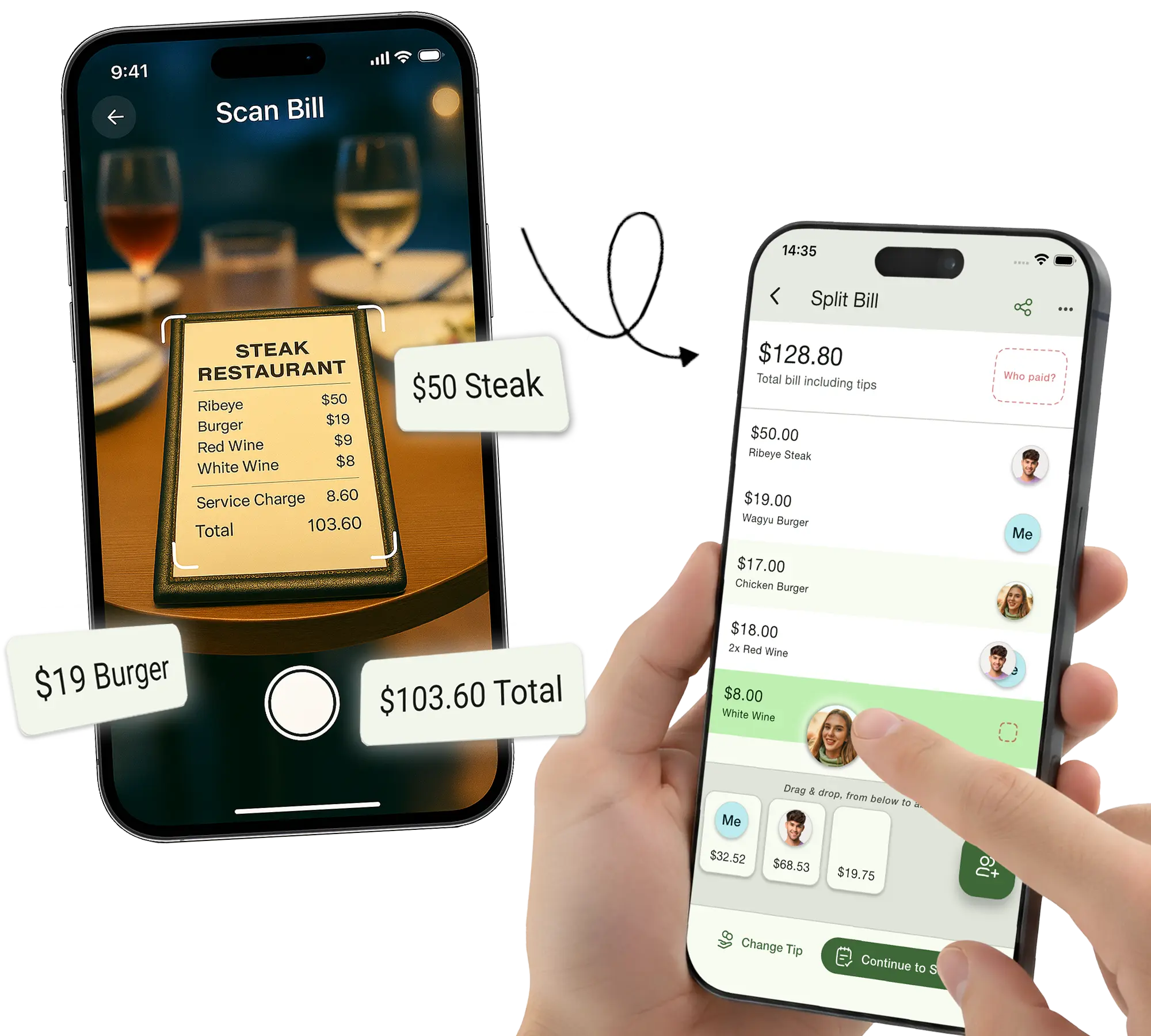 Check Please! app showing bill scanning and splitting features